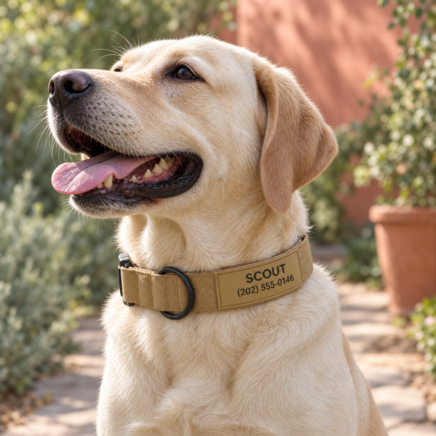 Yellow Labrador wearing a tan Pawblefy tactical collar outdoors