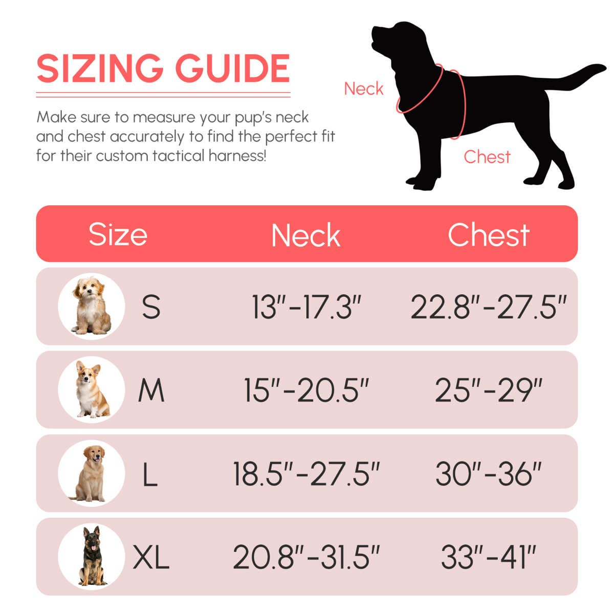 Pawblefy tactical dog harness neck and chest size guide