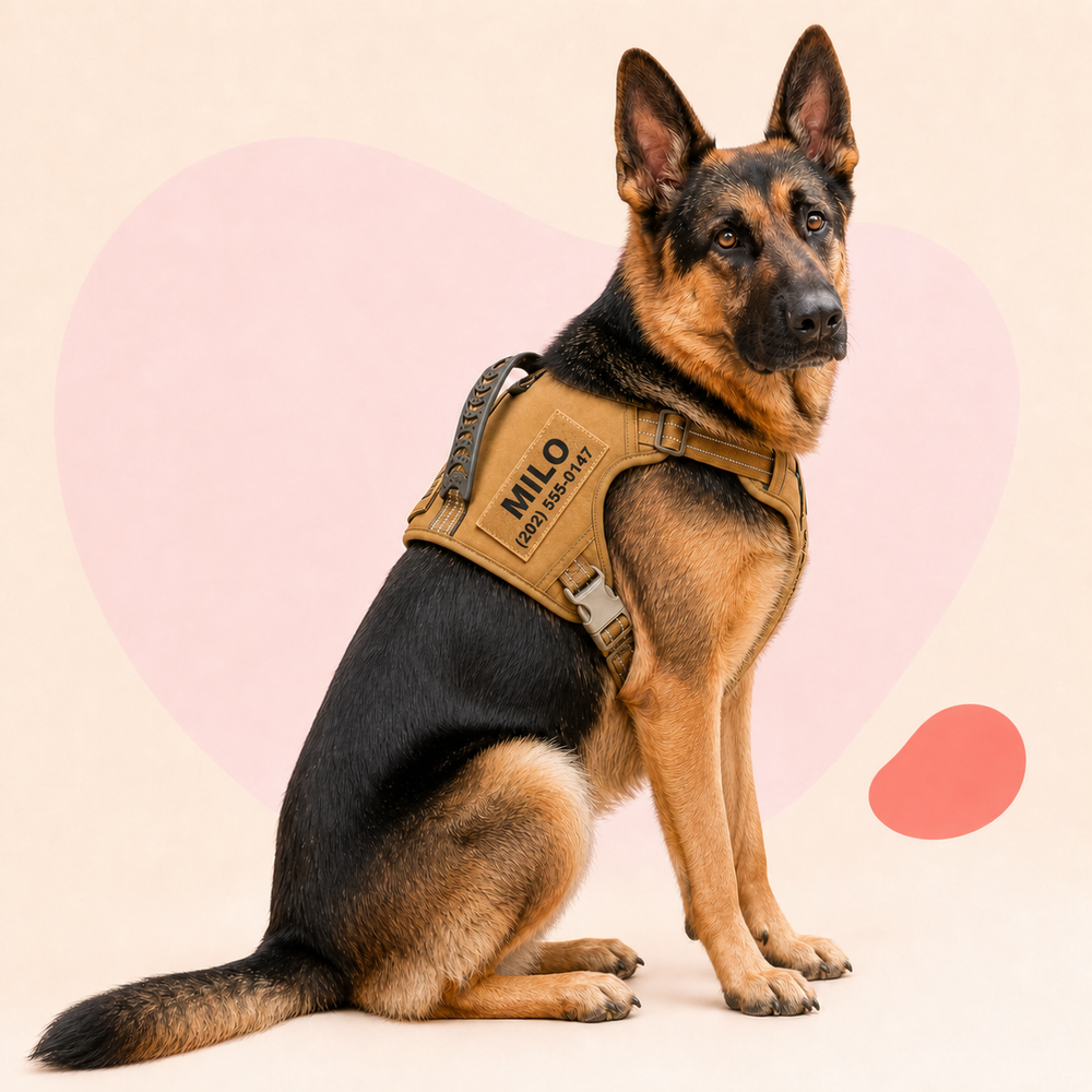 German Shepherd wearing a tan Pawblefy tactical harness personalized with Milo and a sample phone number