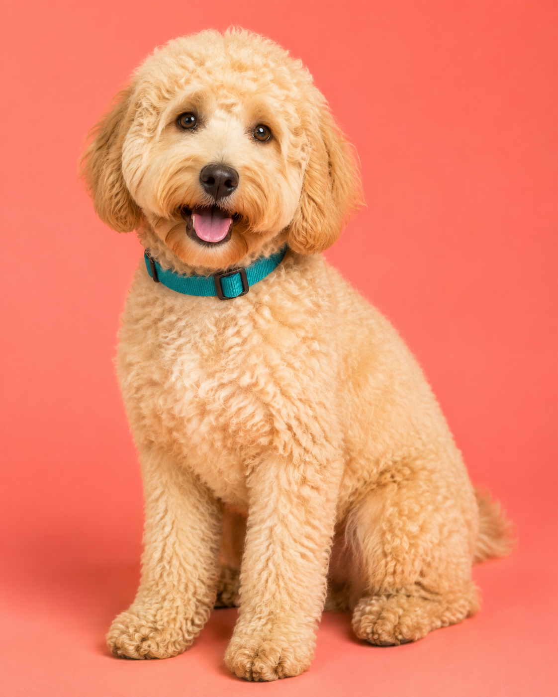A cheerful curly doodle wearing a teal collar on a coral backdrop
