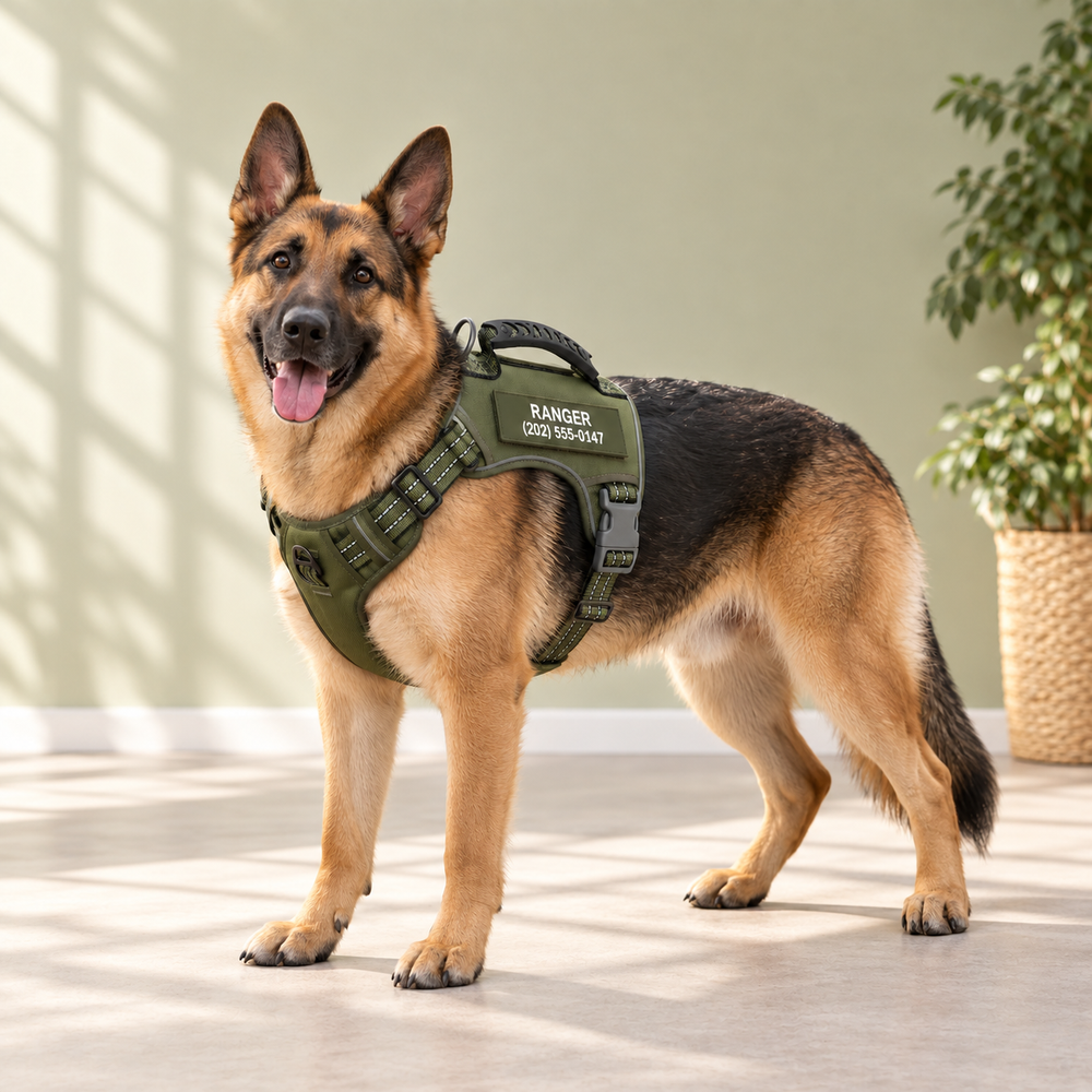 German Shepherd wearing a Green Pawblefy tactical harness with sample personalization, front chest attachment and rear girth buckle