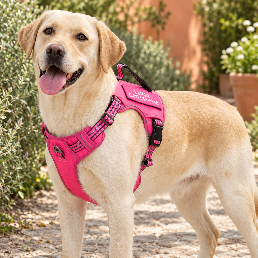 Dog wearing a Pawblefy tactical harness outdoors