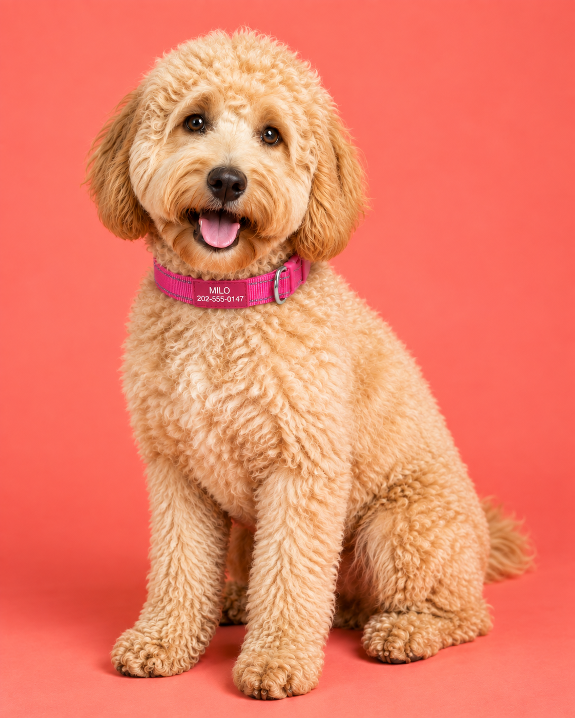 Golden doodle wearing a pink Pawblefy reflective nylon collar with sample personalization on a coral studio background
