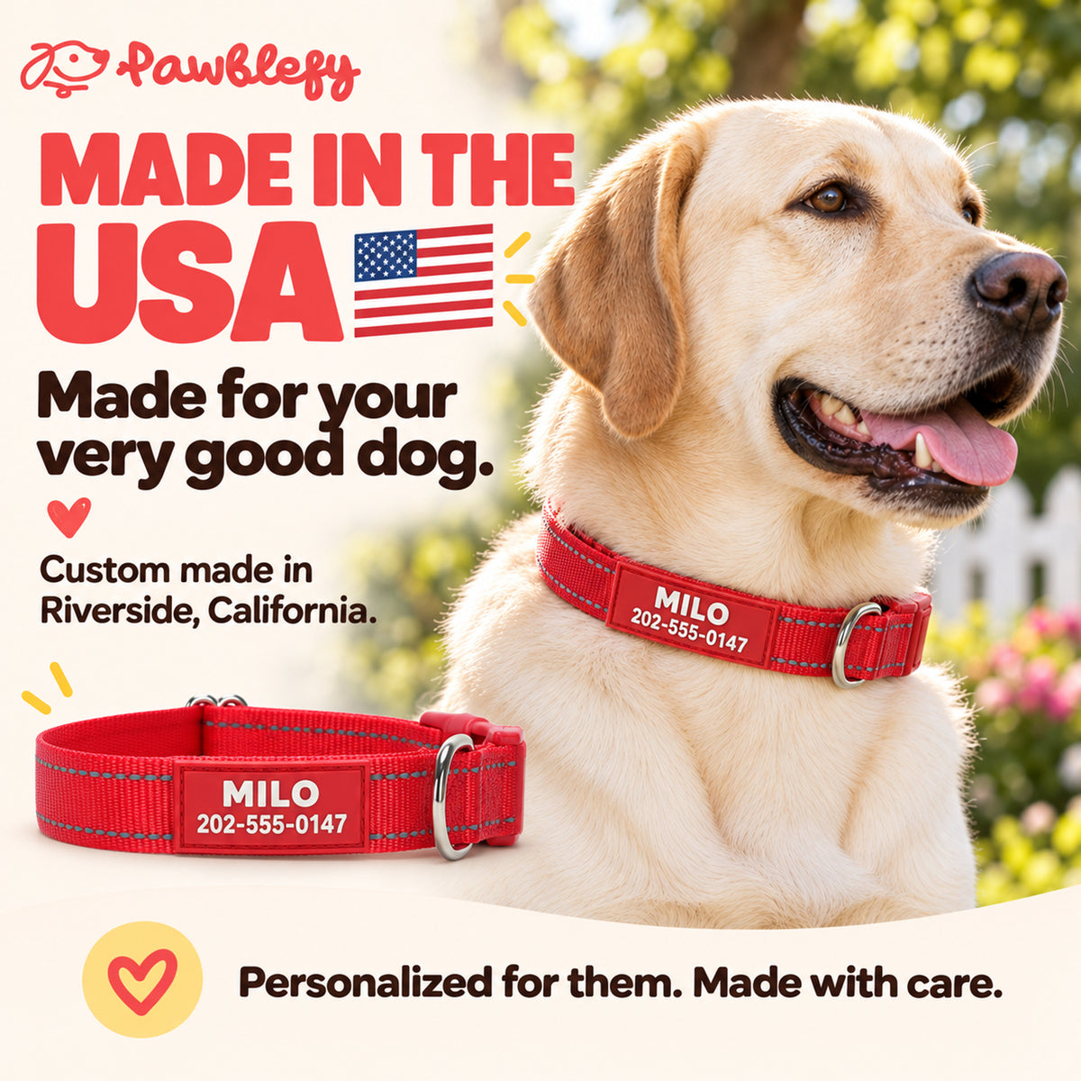 Red personalized Pawblefy collar with the custom-made-in-Riverside, California brand story.