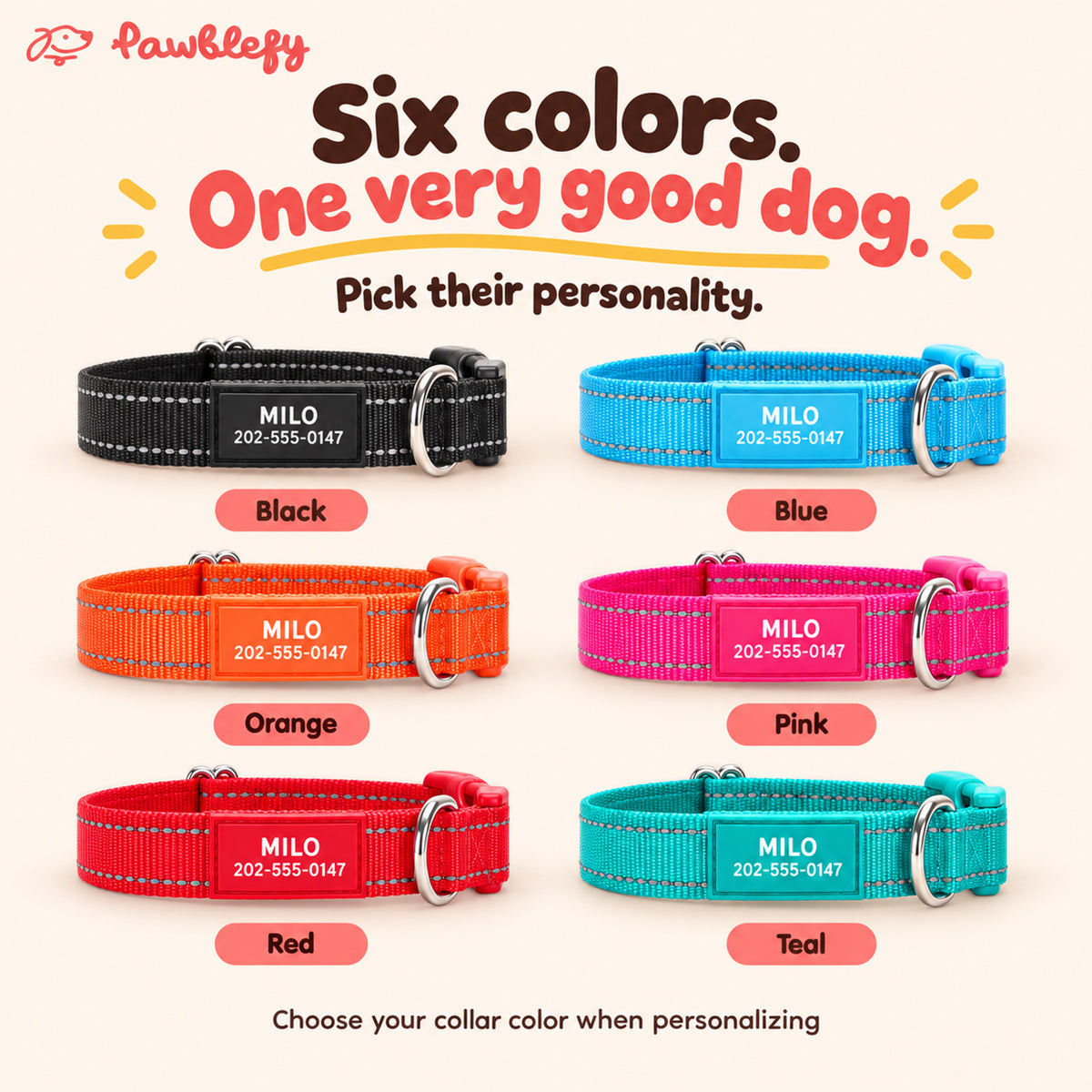Nylon collar color choices: Black, Blue, Orange, Pink, Red and Teal.