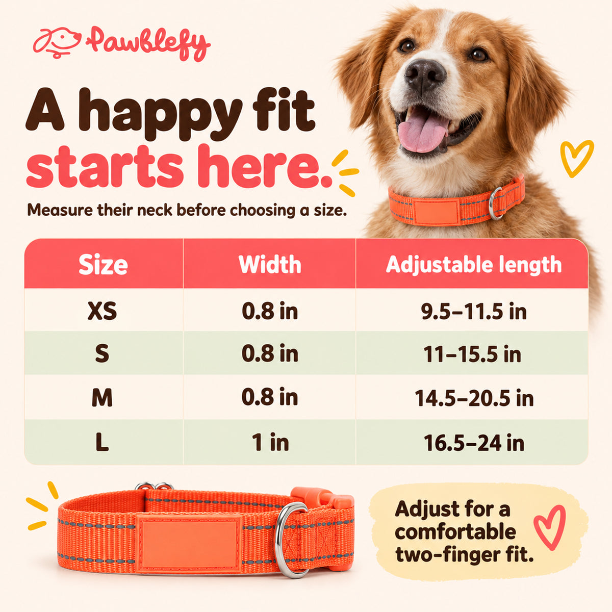 Adjustable collar lengths: XS 9.5–11.5 in, S 11–15.5 in, M 14.5–20.5 in, L 16.5–24 in. XS/S/M width 0.8 in; L width 1 in.