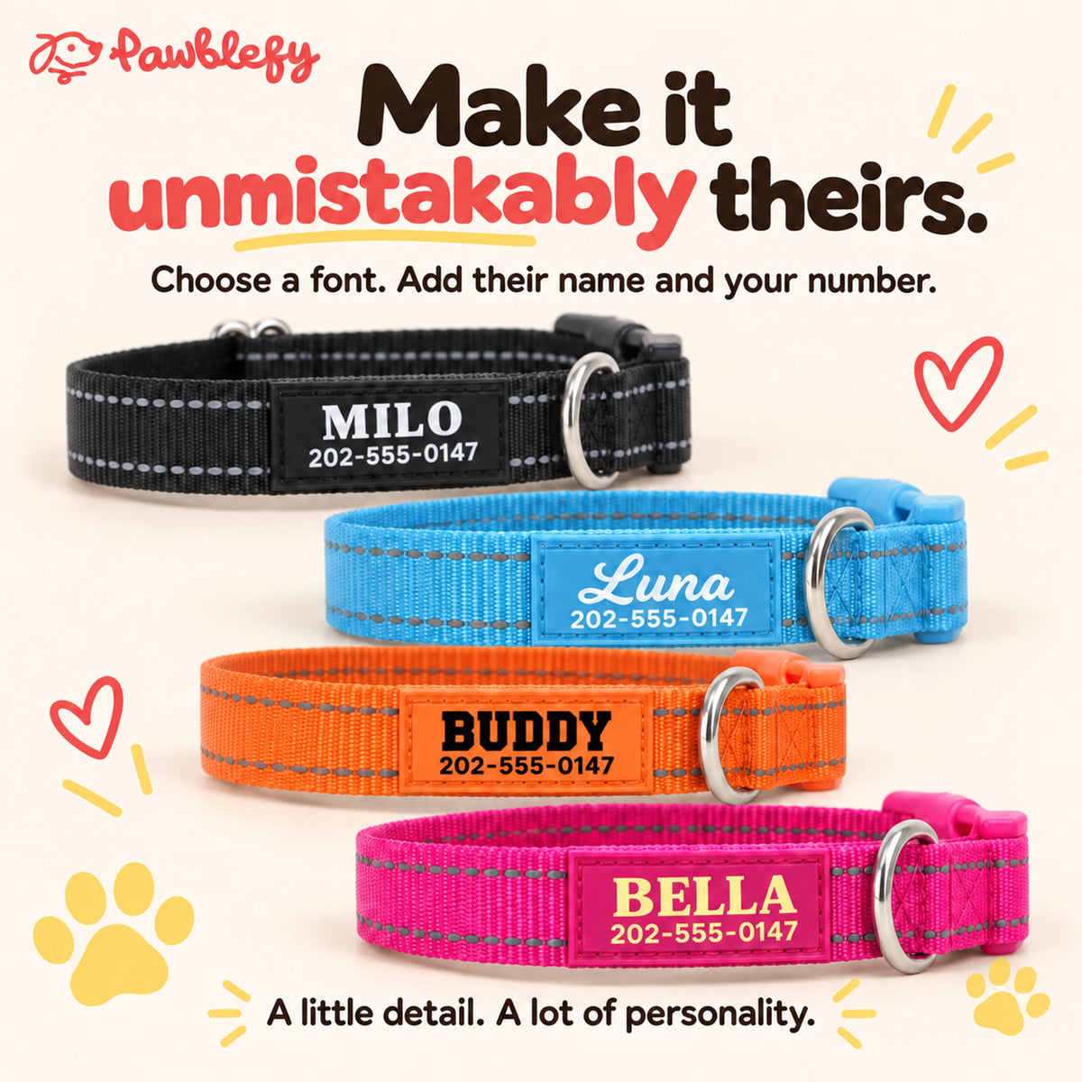 Four collar examples showing different name lettering styles and phone-number personalization.