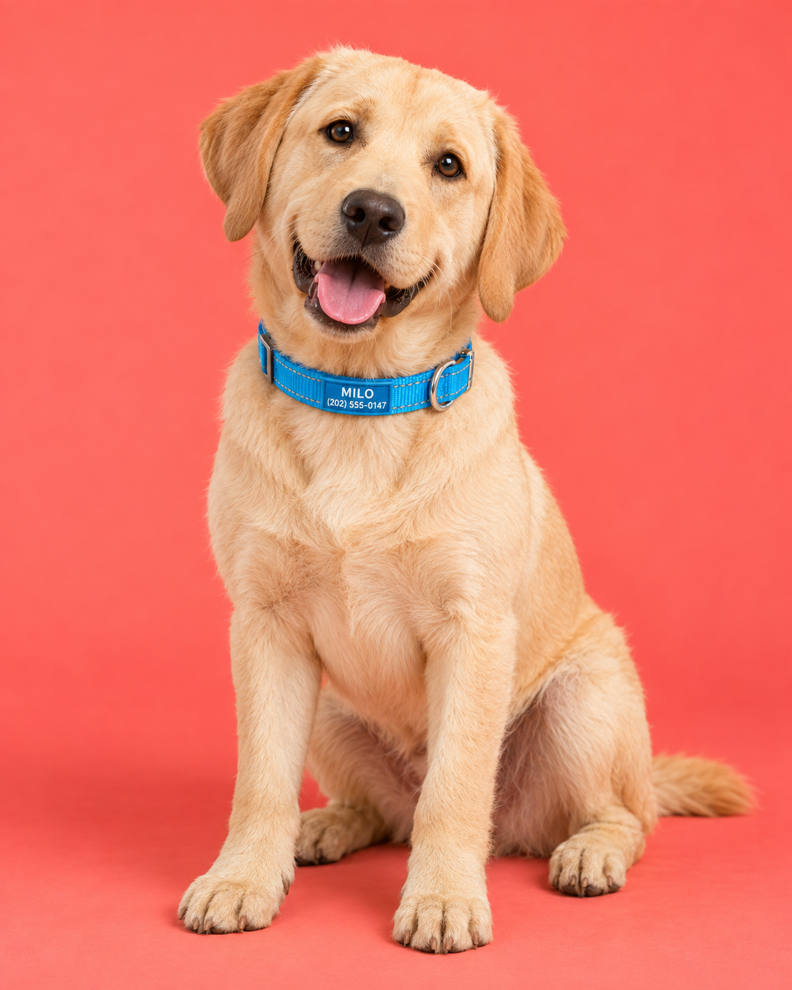 Happy cream Labrador wearing a blue Pawblefy personalized reflective nylon collar with a sample name and phone number, on a coral background