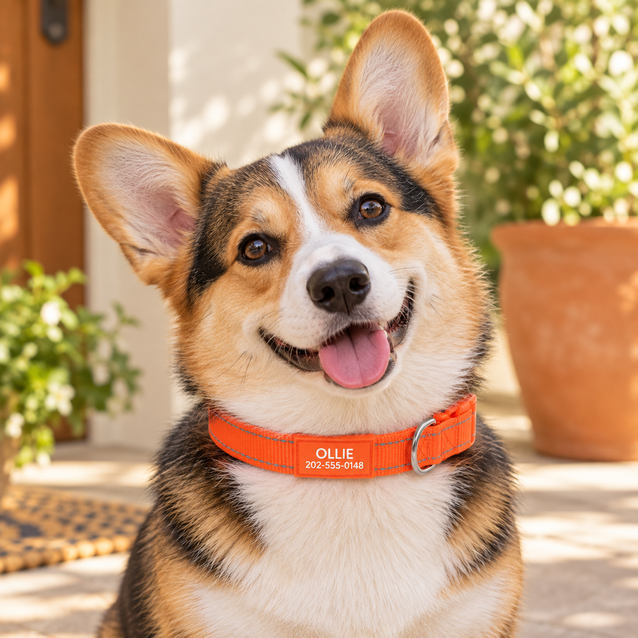 Corgi wearing an orange Pawblefy personalized reflective nylon collar