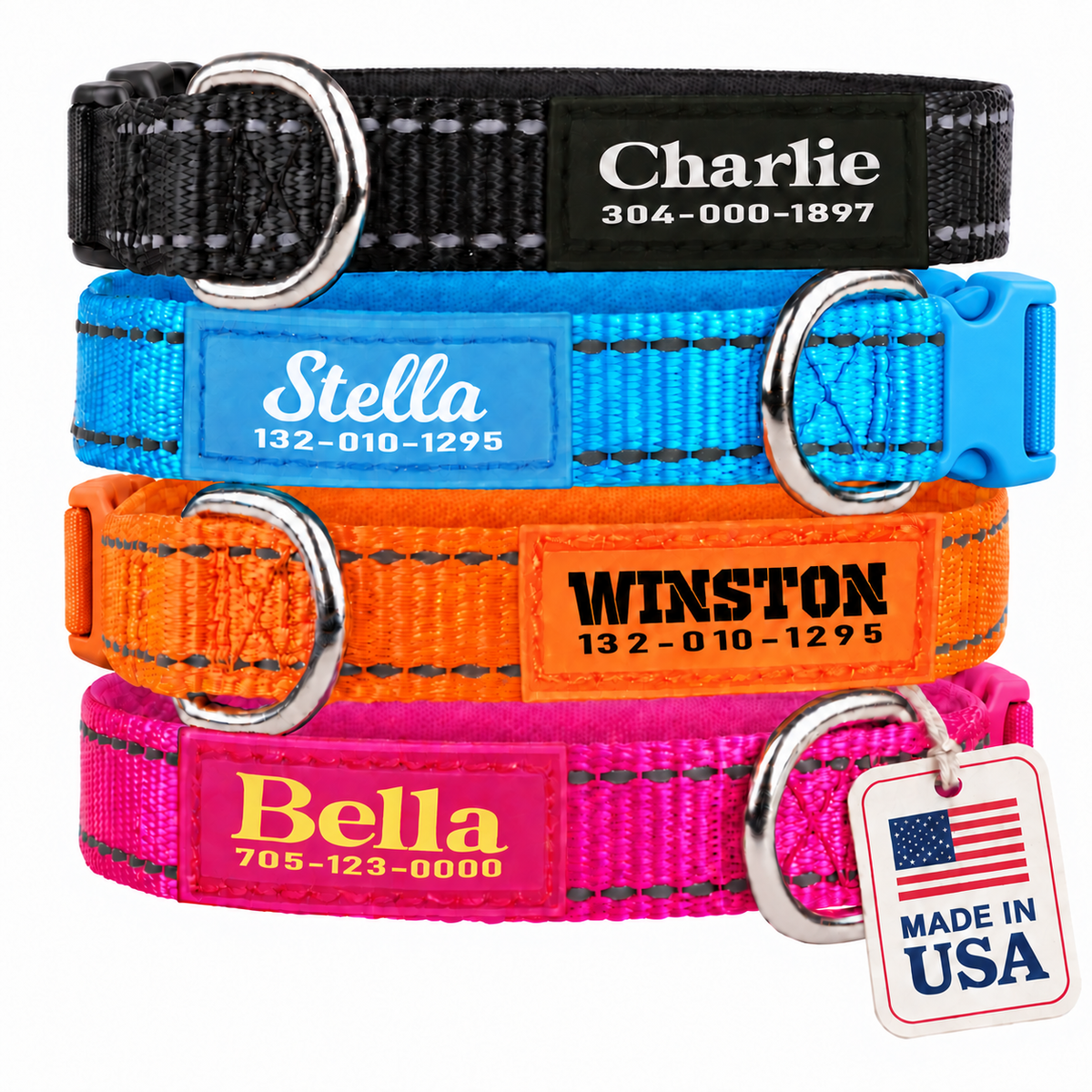 Pawblefy personalized nylon collar examples in black, blue, orange and pink.
