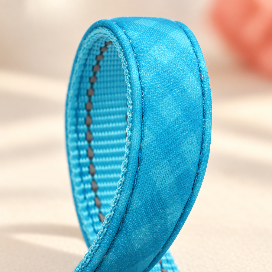 Close view of the soft blue padding inside a Pawblefy nylon collar