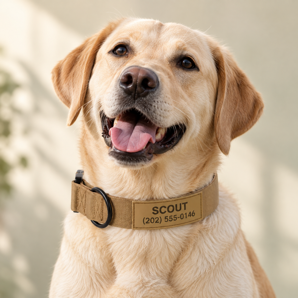 Labrador wearing a Sand Pawblefy tactical collar with sample name and phone personalization