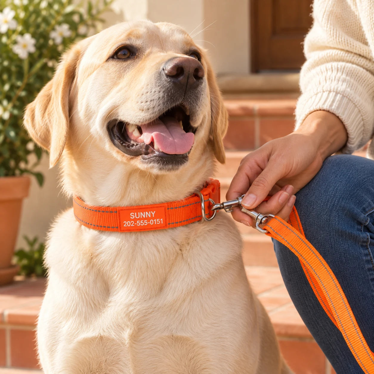 Owner attaching an orange leash to a Pawblefy nylon collar