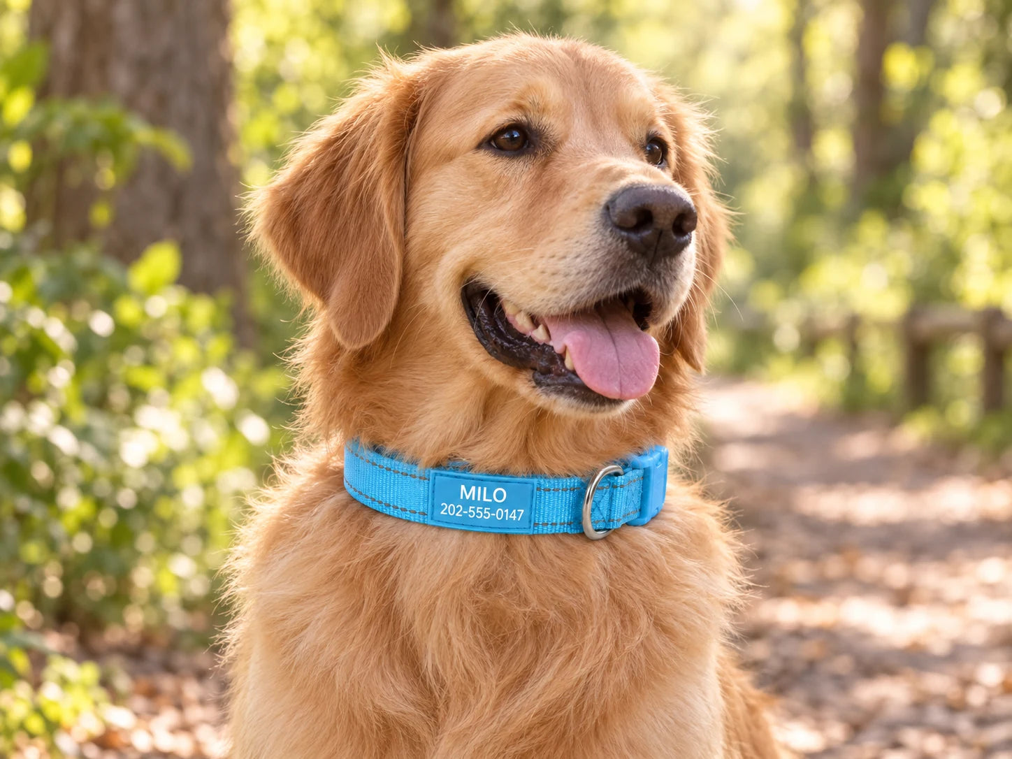 Blue collar on a golden retriever in a leafy park
