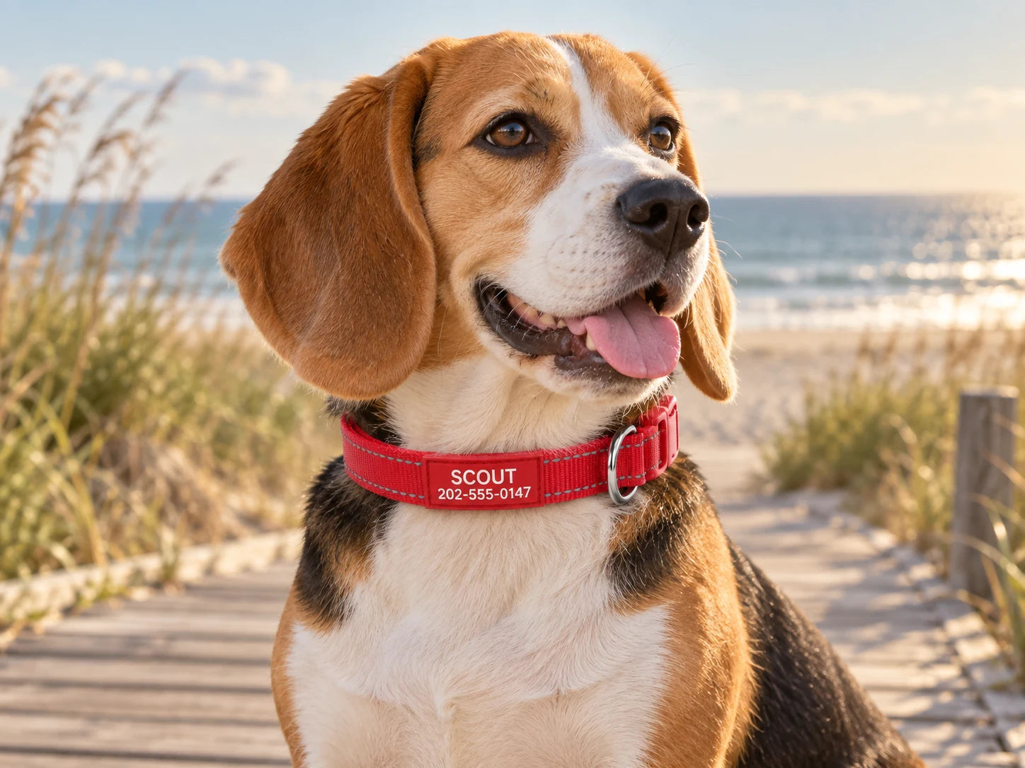 Red collar on a beagle beside a coastal boardwalk