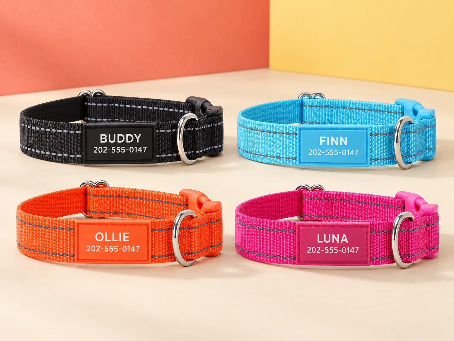 Four personalized nylon collars in Black, Blue, Orange and Pink