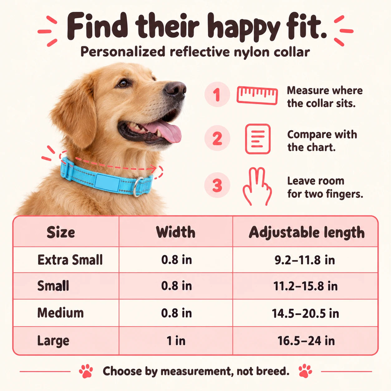 Neck measuring guide with XS, S, M and L collar ranges